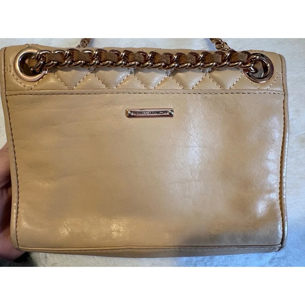 Rebecca Minkoff Affair Quilted Tan Leather Crossbody Bag Rose Gold Chain Strap